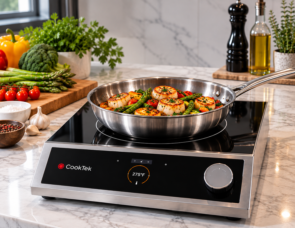 Commercial kitchen equipment and induction cooktop in an Australian hospitality kitchen