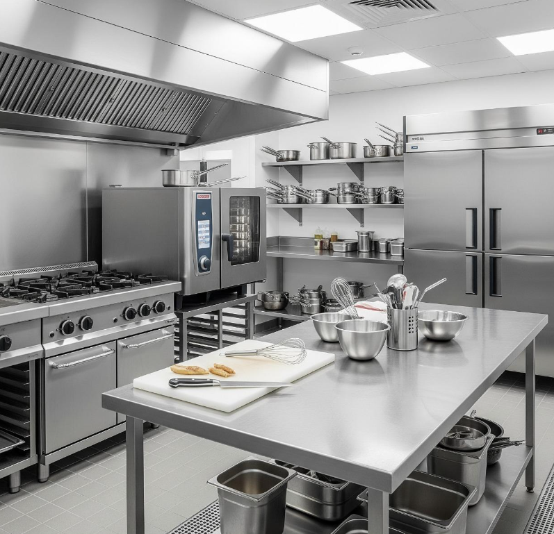 Commercial kitchen layout showing equipment placement, food preparation zones and workflow planning for a restaurant.