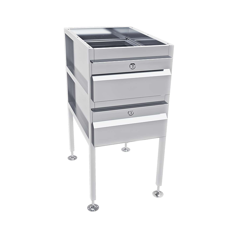 3monkeez AB-2DRAW-1G Freestanding Gastronorm Drawer Unit, With Locks, O/A 430mmL x 620mmD x 900mmH, Includes Adjustable Feet, 304 Grade Stainless Steel - 2 Drawer