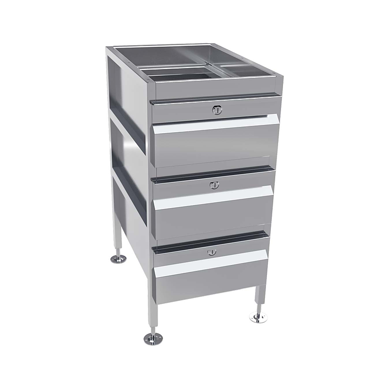 3monkeez AB-3DRAW-1G Freestanding Gastronorm Drawer Unit, With Locks, O/A 430mmL x 620mmD x 900mmH, Includes Adjustable Feet, 304 Grade Stainless Steel - 3 Drawer