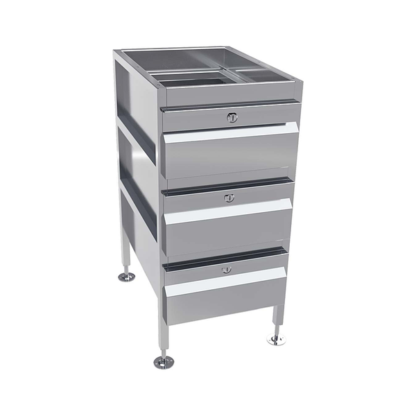 3monkeez AB-3DRAW-1G Freestanding Gastronorm Drawer Unit, With Locks, O/A 430mmL x 620mmD x 900mmH, Includes Adjustable Feet, 304 Grade Stainless Steel - 3 Drawer