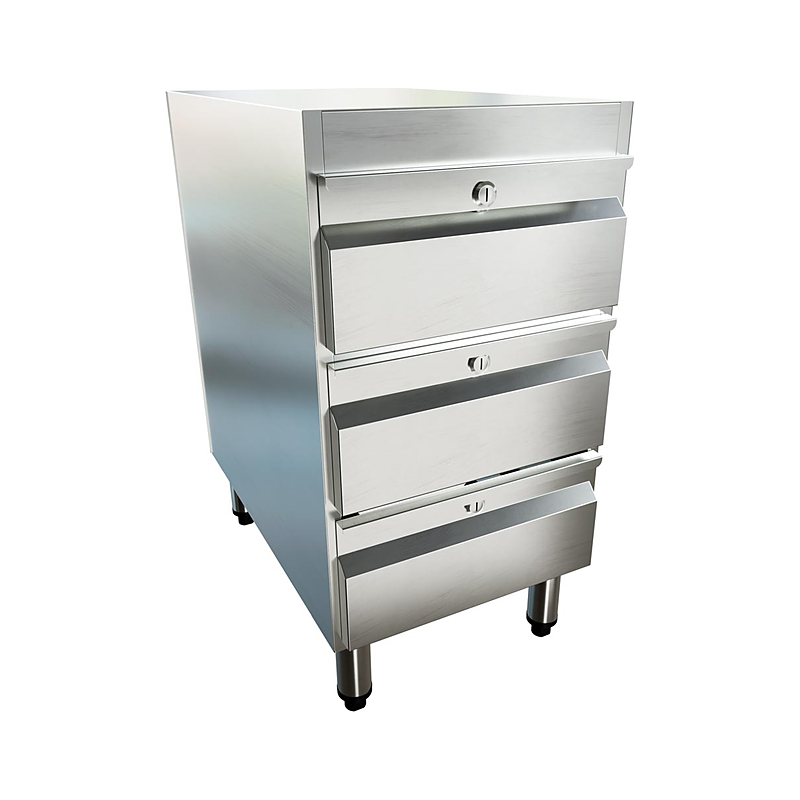 3monkeez AB-3DRAW-GK Freestanding Enclosed 3 Gastronorm Drawer Unit, With Locks, Keyed Alike, O/A 425mmL x 670mmD x 847mmH, Includes Stainless Steel Adjustable Leg With Stainless S