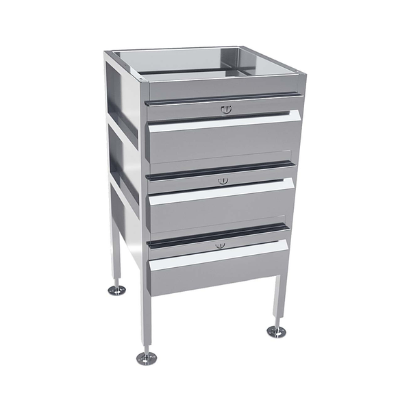 3monkeez AB-3DRAW-L Freestanding Drawer Unit, With Locks, O/A 490mmL x 480mmD x 900mmH, Includes Adjustable Feet, 304 Grade Stainless Steel - 3 Drawer