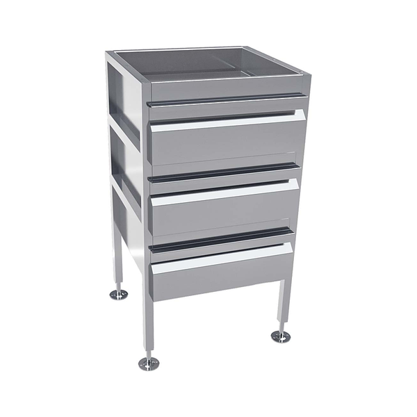 3monkeez AB-3DRAW Freestanding Drawer Unit, No Locks, O/A 490mmL x 480mmD x 900mmH, Includes Adjustable Feet, 304 Grade Stainless Steel - 3 Drawer