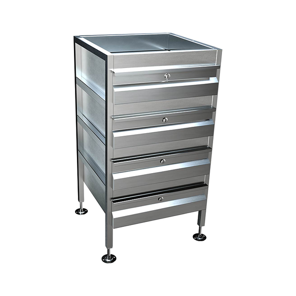 3monkeez AB-4DRAW-L Freestanding 4 Compact Drawer Unit, With Locks, O/A 490mmL x 480mmD x 900mmH, Includes Adjustable Feet, 304 Grade Stainless Steel