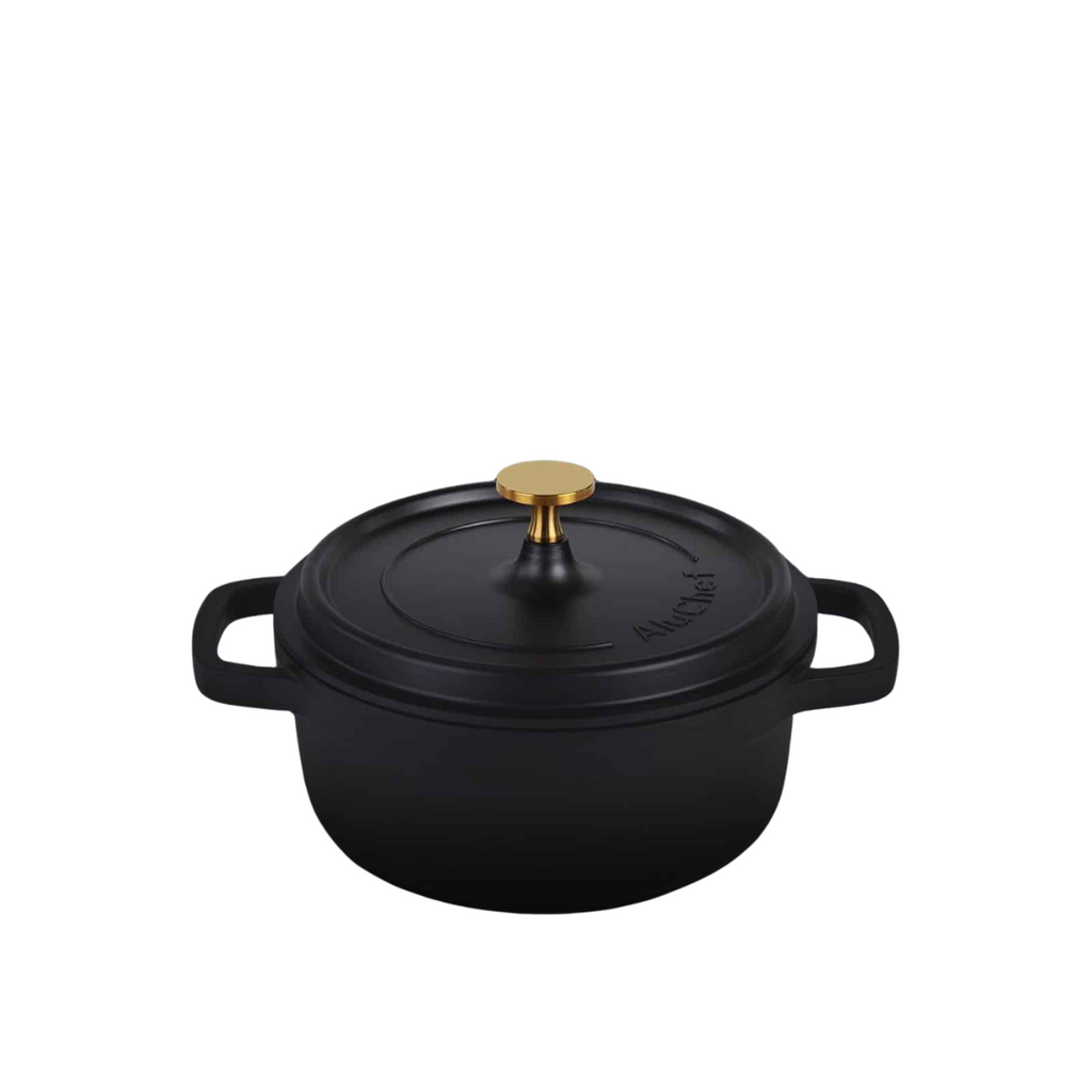 AluChef AP-2000-11G | Casserole Round Matte Black | W Gold Coloured Handle | 20 Ꝋ x 8 H CM | 2.5L