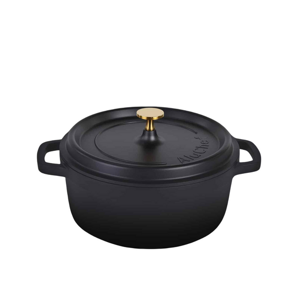 AluChef AP-2400-11G | Casserole Round Matte Black| W Gold Metal Handle | 24 Ꝋ x 10 H CM | 4.5L