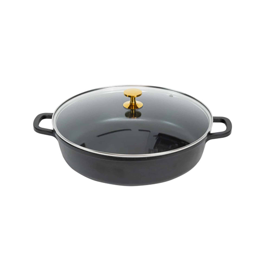 AluChef AP-3200-11G | Casserole Round Matte Black | W Gold Metal Handle | 32 Ꝋ x 8.2 H CM | 6L