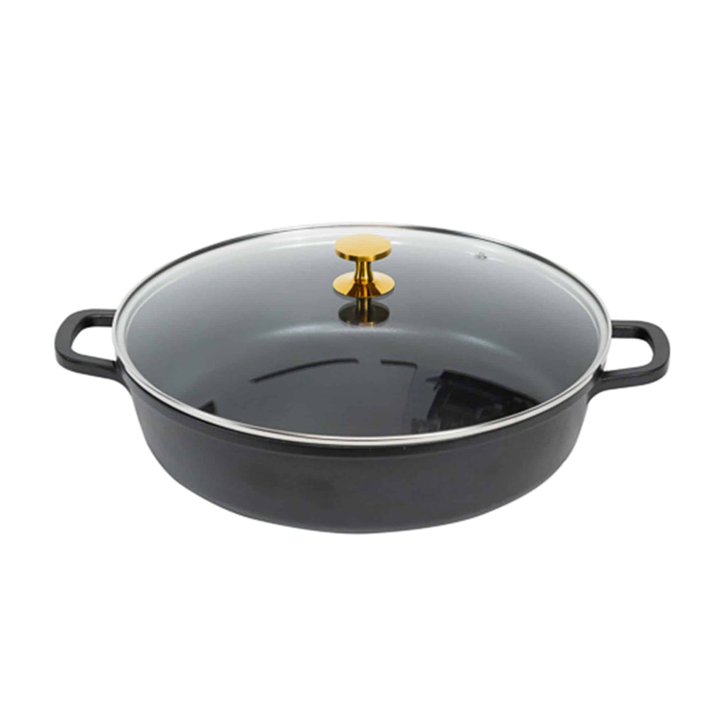 AluChef AP-4000-11G | Shallow Casserole | Round Matte Black Casserole | W Glass Lid | Gold Metal Handle | 40 Ꝋ x 8.5H CM | 10.6L