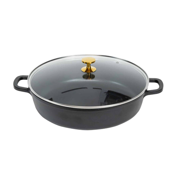 AluChef AP-4000-11G | Shallow Casserole | Round Matte Black Casserole | W Glass Lid | Gold Metal Handle | 40 Ꝋ x 8.5H CM | 10.6L