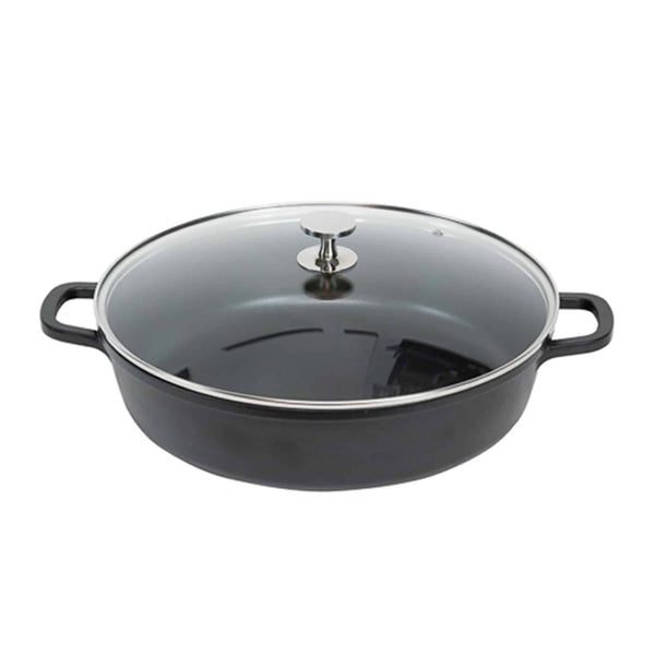 AluChef AP-4000-11 | Shallow Casserole | Round Matte Black Casserole | W Glass Lid | Metal Handle | 40 Ꝋ x 8.5H CM | 10.6L