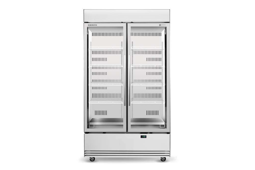 SKOPE BME1200N-AC ActiveCore Bottom Mount Upright Fridge | 2 Glass Door Lit Sign with 6 Shelves per Door