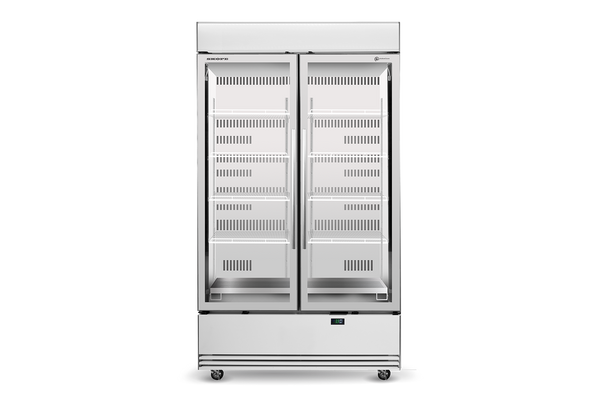 SKOPE BME1200N-AC ActiveCore Bottom Mount Upright Fridge | 2 Glass Door Lit Sign with 6 Shelves per Door
