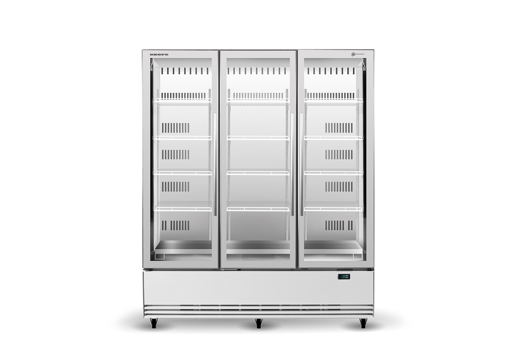 SKOPE BME1500N-A ActiveCore Bottom Mount Upright Fridge | 3 Glass Doors with 5 Shelves per Door
