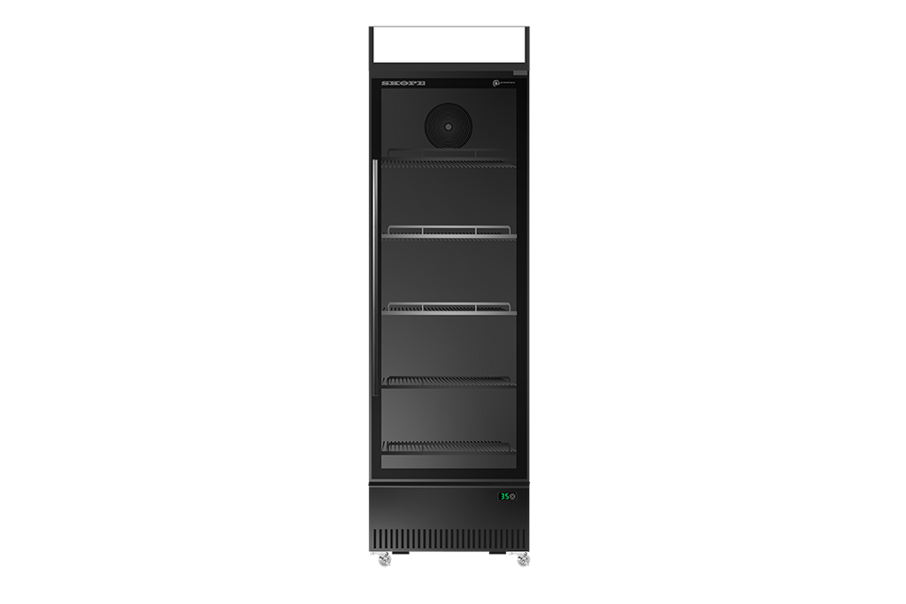 SKOPE BME400N-AC ActiveCore Bottom Mount SlimLine Upright Fridge | 1 Glass Door Lit Sign with 5 Shelves