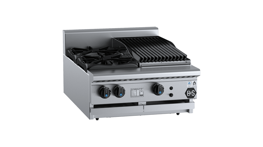 B+S Black Series BT-SB2-CBR3BM Combination Two Open Burners & 300mm Char Broiler Bench Mounted