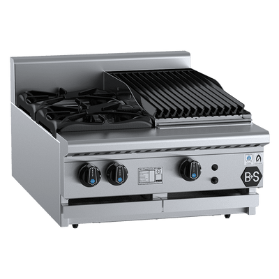 B+S Black Series BT-SB2-CBR3BM Combination Two Open Burners & 300mm Char Broiler Bench Mounted
