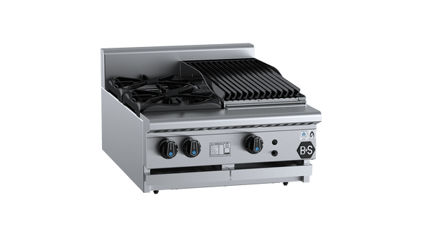 B+S Black Series BT-SB2-CBR3BM Combination Two Open Burners & 300mm Char Broiler Bench Mounted