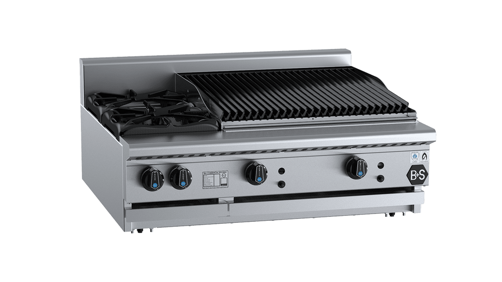 B+S Black Series BT-SB2-CBR6BM Combination Two Open Burners & 600mm Char Broiler Bench Mounted