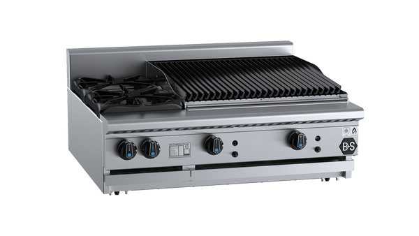 B+S Black Series BT-SB2-CBR6BM Combination Two Open Burners & 600mm Char Broiler Bench Mounted