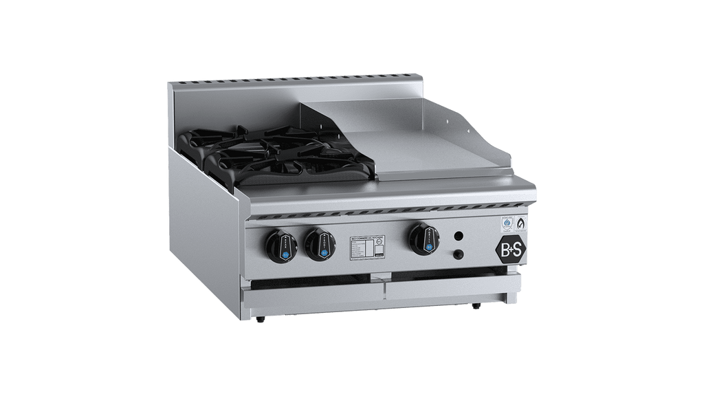 B+S Black Series BT-SB2-GRP3BM Combination Two Open Burners & 300mm Grill Plate Bench Mounted