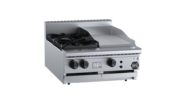 B+S Black Series BT-SB2-GRP3BM Combination Two Open Burners & 300mm Grill Plate Bench Mounted