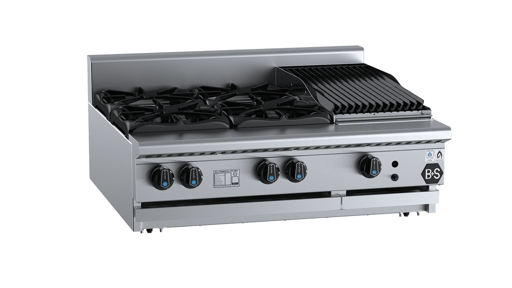 B+S Black Series BT-SB4-CBR3BM Combination Four Open Burners & 300mm Char Broiler Bench Mounted