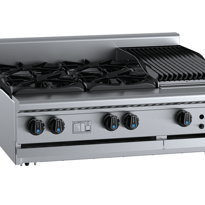 B+S Black Series BT-SB4-CBR3BM Combination Four Open Burners & 300mm Char Broiler Bench Mounted
