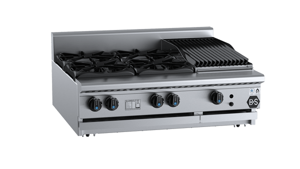 B+S Black Series BT-SB4-CBR3BM Combination Four Open Burners & 300mm Char Broiler Bench Mounted