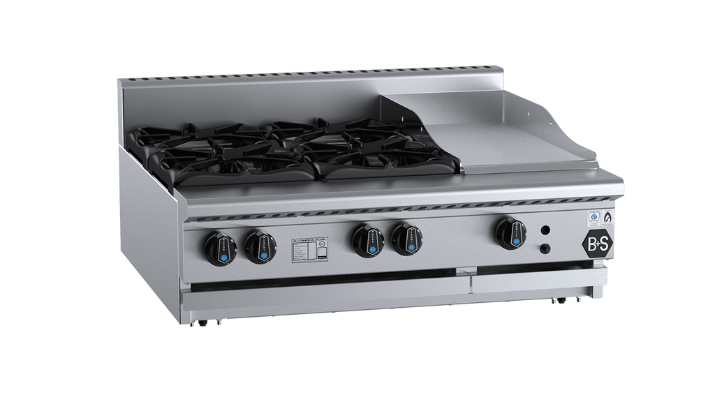 B+S Black Series BT-SB4-GRP3BM Combination Four Open Burners & 300mm Grill Plate Bench Mounted