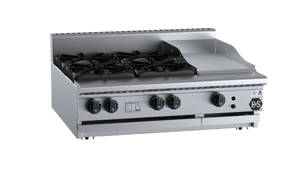 B+S Black Series BT-SB4-GRP3BM Combination Four Open Burners & 300mm Grill Plate Bench Mounted
