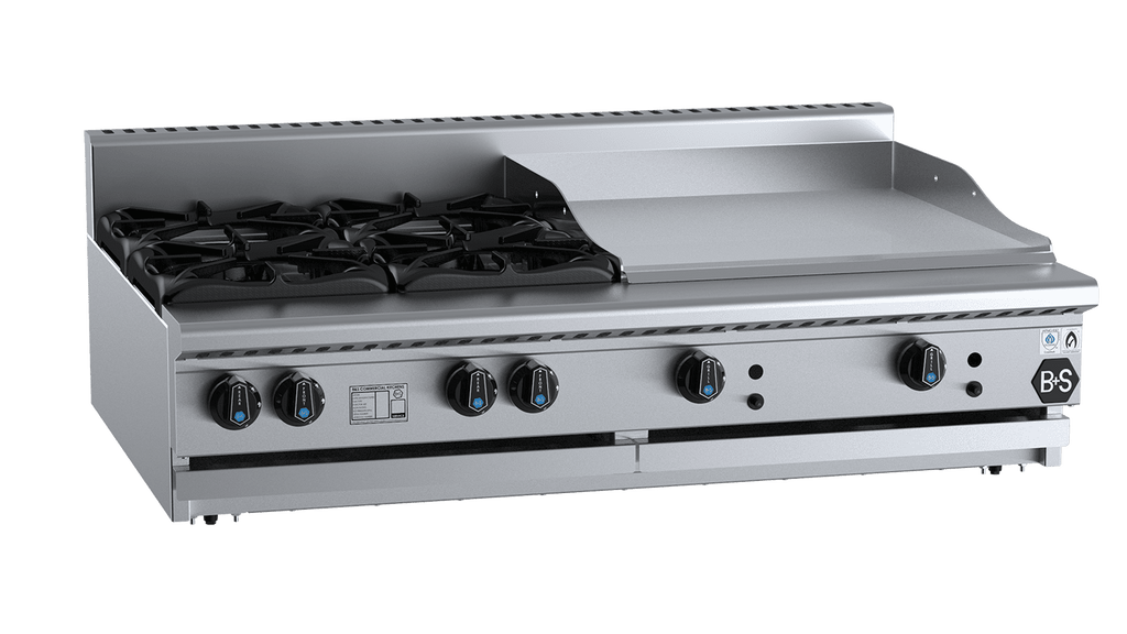 B+S Black Series BT-SB4-GRP6BM Combination Four Open Burners & 600 mm Grill Plate Bench Mounted