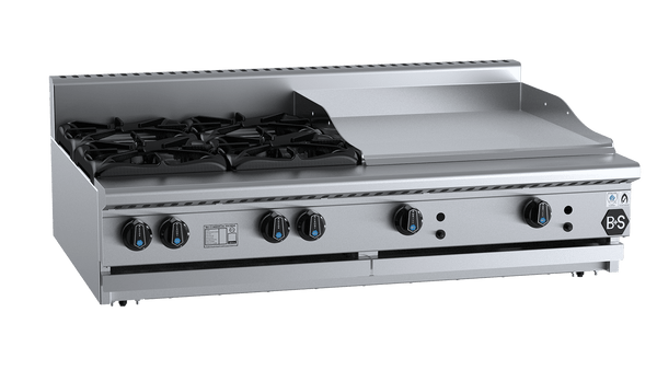 B+S Black Series BT-SB4-GRP6BM Combination Four Open Burners & 600 mm Grill Plate Bench Mounted