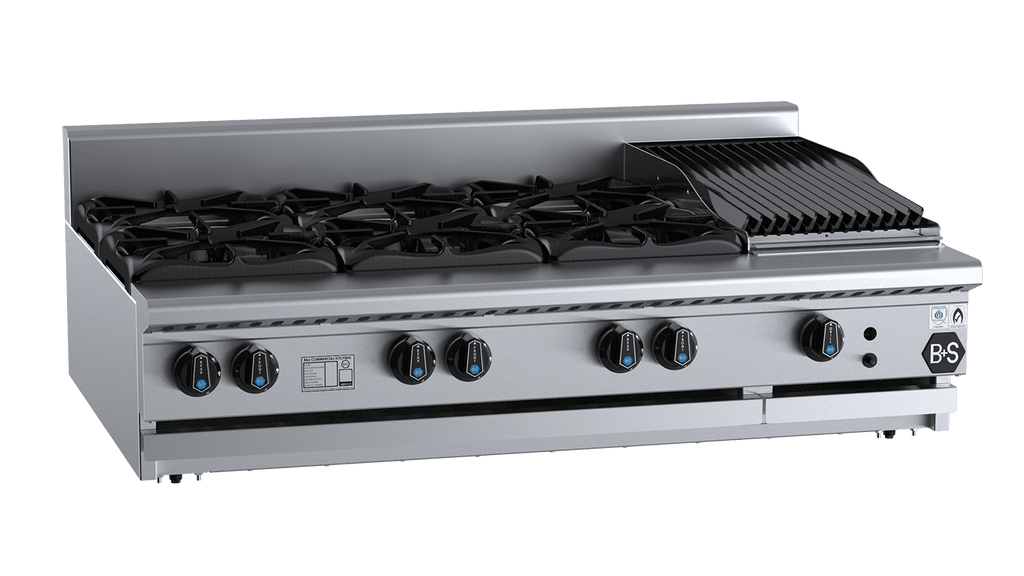 B+S Black Series BT-SB6-CBR3BM Combination Six Open Burners & 300mm Char Broiler Bench Mounted