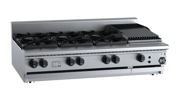 B+S Black Series BT-SB6-CBR3BM Combination Six Open Burners & 300mm Char Broiler Bench Mounted