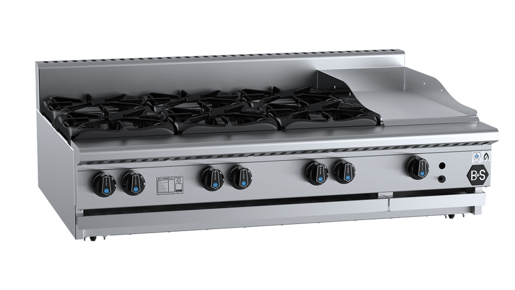 B+S Black Series BT-SB6-GRP3BM Combination Six Open Burners & 300mm Grill Plate Bench Mounted