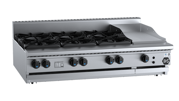 B+S Black Series BT-SB6-GRP3BM Combination Six Open Burners & 300mm Grill Plate Bench Mounted
