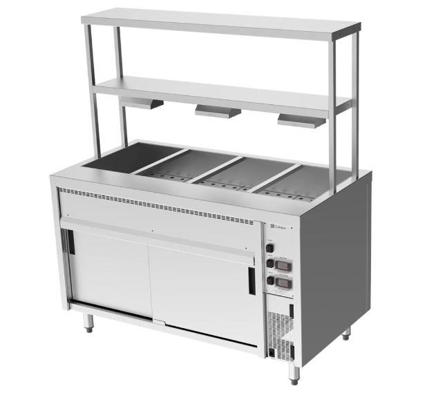 Culinaire CH.BMH.I.GDB.4 | Island Bain Marie | Hot Cupboard |4 Module | with Double Gantry | and Heat Lamps to Bottom Shelf | Bain Marie