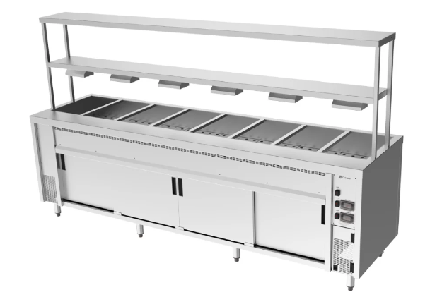 Culinaire CH.BMH.I.GDB.8 | Island Bain Marie | Hot Cupboard |8 Module | with Double Gantry | and Heat Lamps to Bottom Shelf | Bain Marie