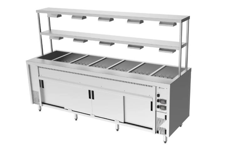 Culinaire CH.BMH.I.GDD.7 | Island Bain Marie |7 Module | with Double Gantry | and Heat Lamps to Bottom Shelf | Bain Marie
