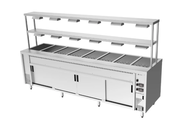 Island Bain Marie, Culinaire, CH.BMH.I.GDD.8, with Double Gantry, Heat Lamps to Bottom Shelf, Top Shelves, 8 Modules