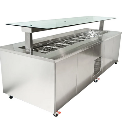 Culinaire CR.IBSS.CWCF.U.GSF.4 | 4 Bay | S/S Top & Panels | Flat Glass Gantry | Mobile Refrigerated | Island Buffet Fridge