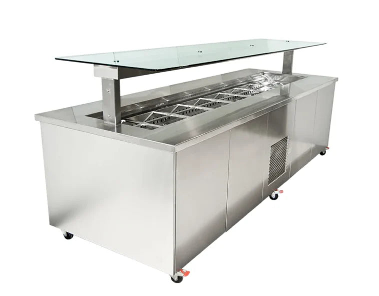 Culinaire CR.IBSS.CWCF.U.GSF.6 | 6 Bay | S/S Top & Panels | Flat Glass Gantry | Mobile Refrigerated | Island Buffet Fridge