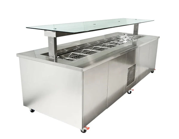 Culinaire CR.IBSS.CWCF.U.GSF.8 | 8 Bay | S/S Top & Panels | Flat Glass Gantry | Mobile Refrigerated | Island Buffet Fridge
