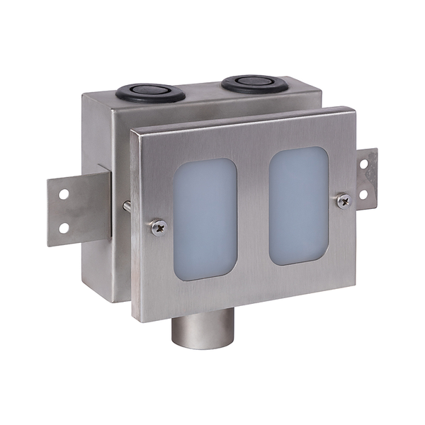 3monkeez CS-TUND-M In Wall Tundish with Clear Perspex Window, 2x 35mm Inlets, 1x 38mm Outlet, Incl Rubber Grommets, O/A 40mm front sleeve, 304 Grade Stainless Steel