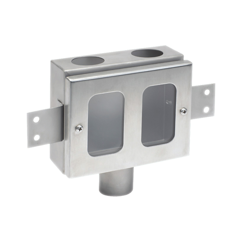 3monkeez CS-TUND In Wall Tundish with Clear Perspex Window, 2x 35mm Inlets, 1x 38mm Outlet, Incl Rubber Grommets, 304 Grade Stainless Steel