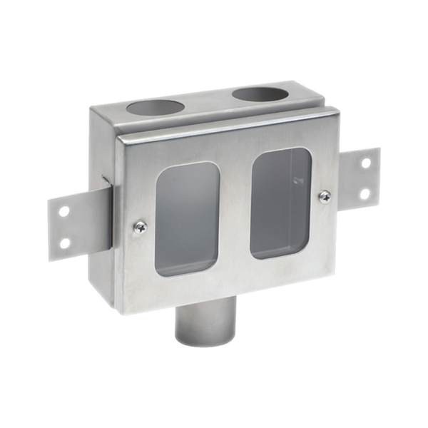 3monkeez CS-TUND In Wall Tundish with Clear Perspex Window, 2x 35mm Inlets, 1x 38mm Outlet, Incl Rubber Grommets, 304 Grade Stainless Steel