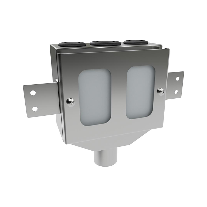 3monkeez CST-TUND-P Stainless Steel Inwall Tundish with Clear Perspex Window, 2x 25mm Outer Inlets and 1x 35mm Centre Inlet, 1x 38mm Plain Outlet, Incl Rubber Grommets, 14mm Front