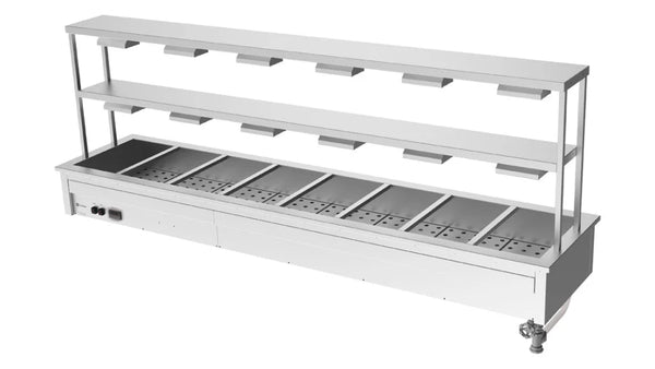 Culinaire CH.BM.D.GDB.8 | 8 Module Drop In | Commercial Bain Marie | Benchtop | with Double Gantry | and Heat Lamps | Bain Marie