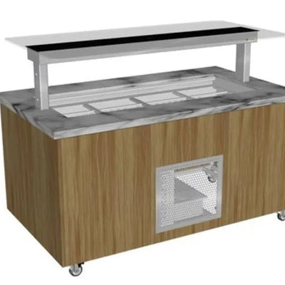 Culinaire CR.IBGJ.CWCF.U.GSF.4 | 4 Bay | Stone Top & Joinery Panels | Flat Glass Gantry | Mobile Refrigerated | Island Buffet Fridge